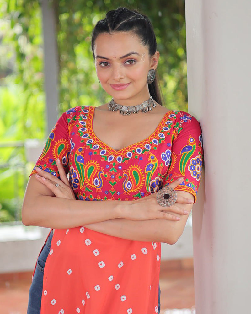 Navratri Special Orange Pink Color Rayon Kutchi Work Kurti