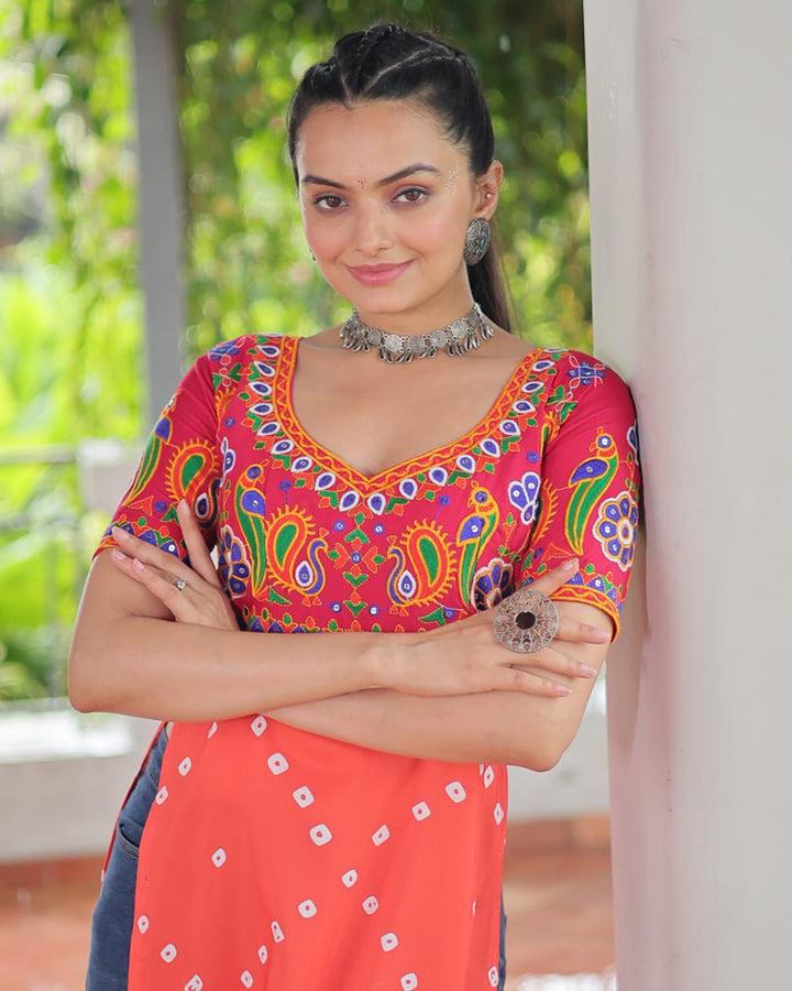 Navratri Special Orange Pink Color Rayon Kutchi Work Kurti