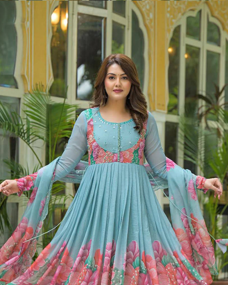 Sky Blue Color Faux Georgette Printred Anarkali Suit