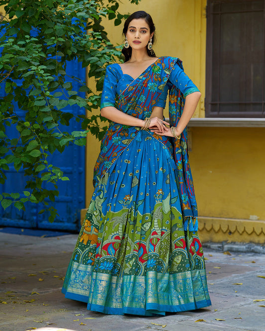 Firozi Color Tussar Silk Kalamkari Printed Lehenga Choli