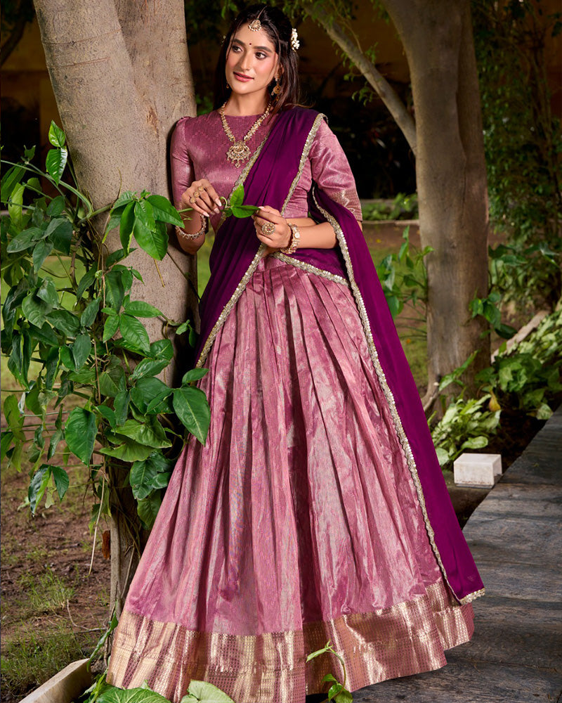Pink Color Dupion Silk Zari Weaving Half Saree