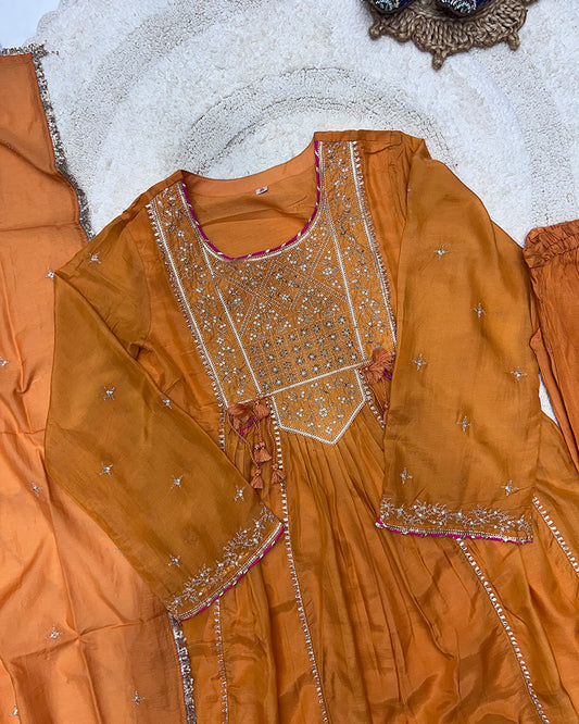 Orange Color Chinon Silk Three Piece Kurti Suit