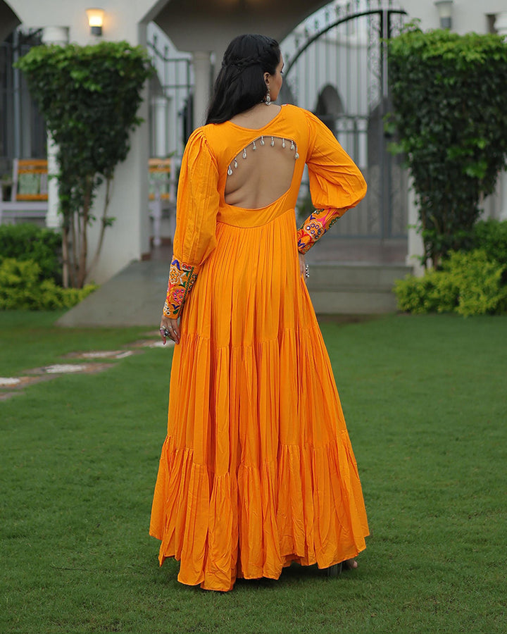 Navratri Wear Yellow Color Reyon Gamthi Work Gown
