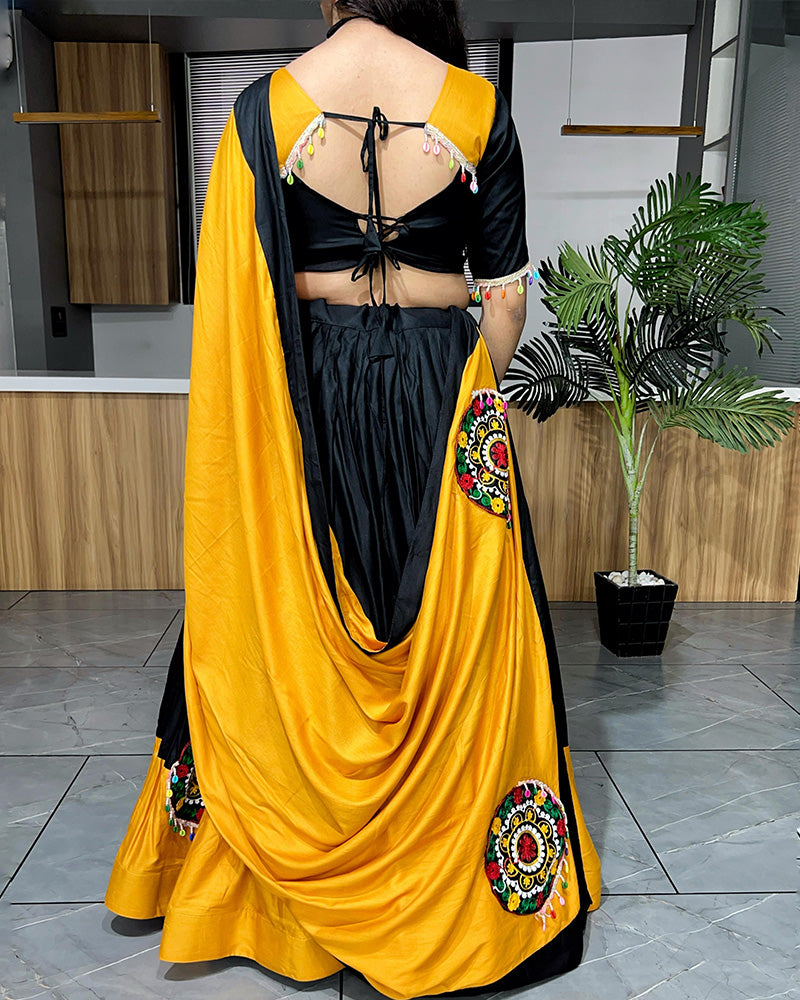 Vibrant Mustard and Black Rayon Cotton Navratri Lehenga Choli
