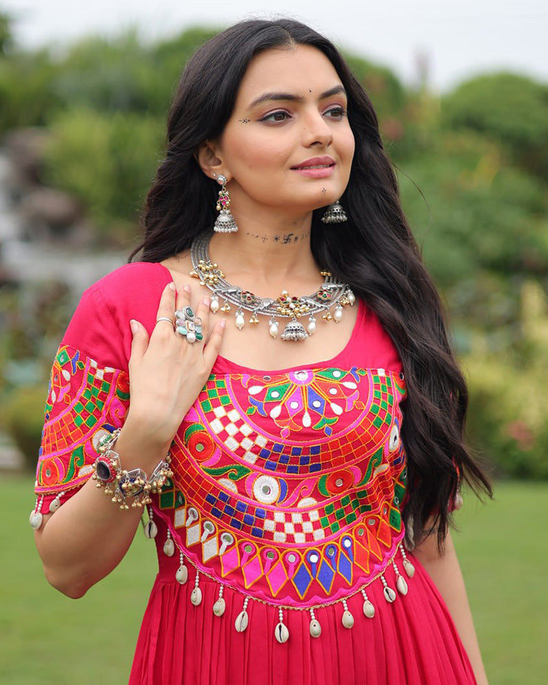 Navratri Wear Rani Pink Color Rayon Gamthi Work Gown