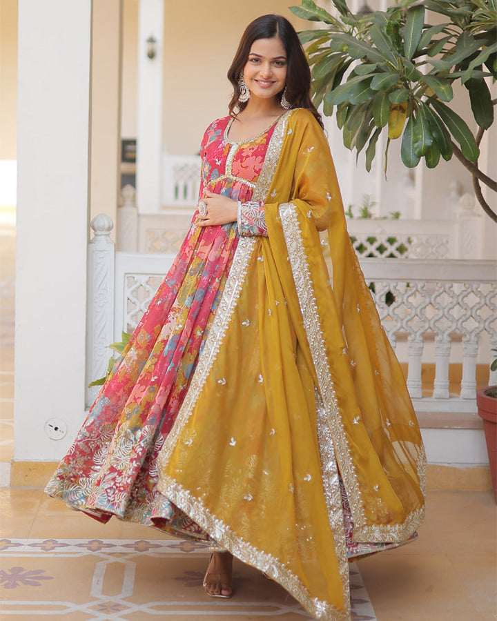 Off White Floral Soft Georgette Three Piece Anarkali Suit