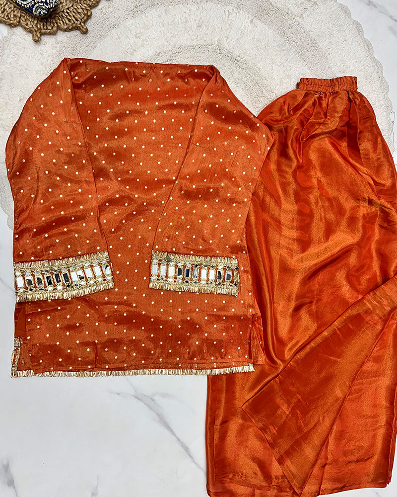 Orange Color Fendy Chiffon Embroidered Plazzo Suit