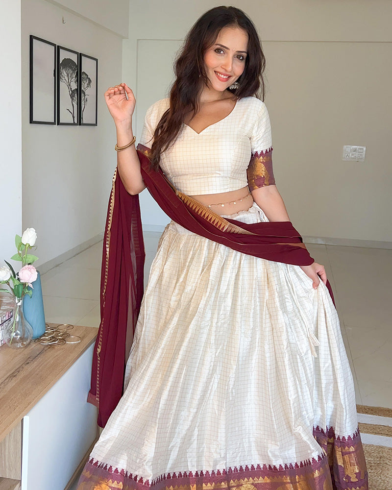 White And Maroon Color Poly Cotton Chex Onam Half Saree