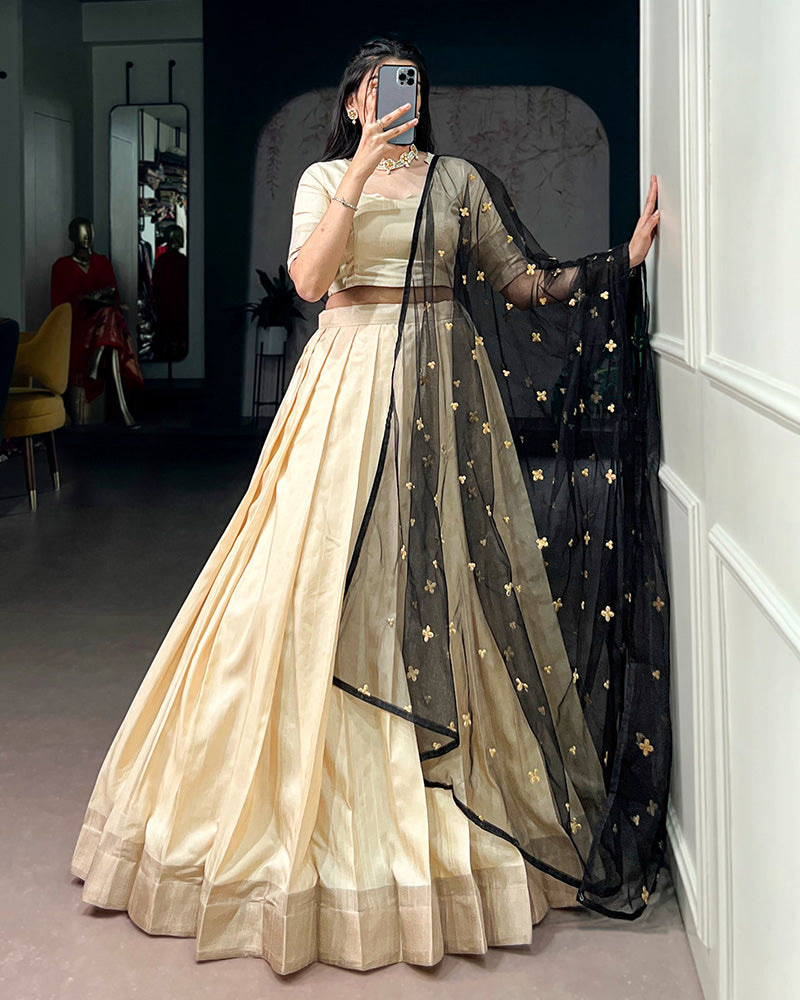 Off-White Color Poly Kotha Tasar Silk Half Saree