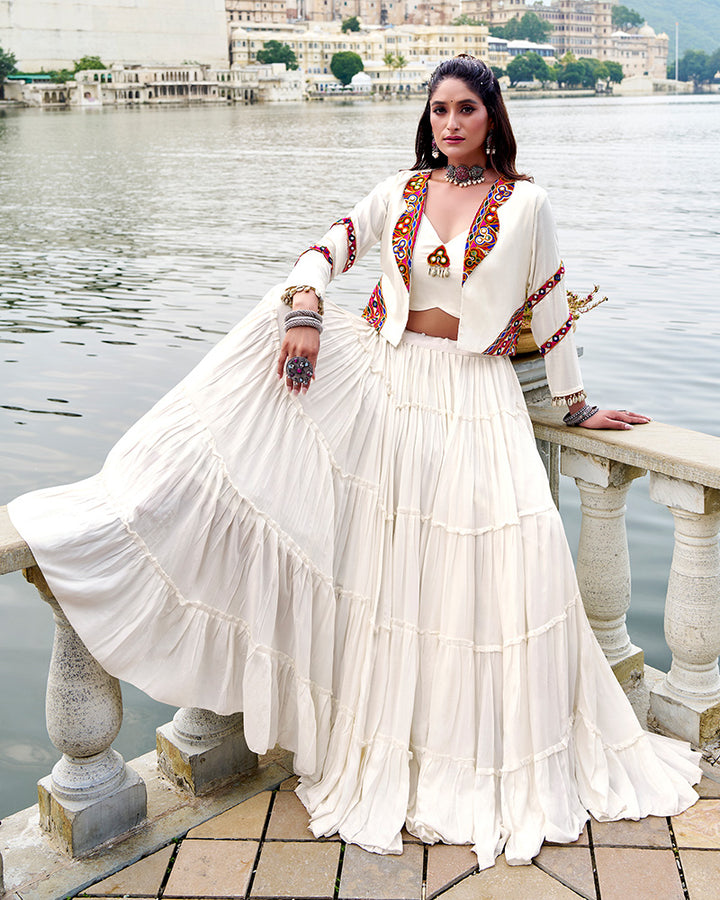 White Color Pure Rayon Ruffle Style Navratri Lehenga Choli