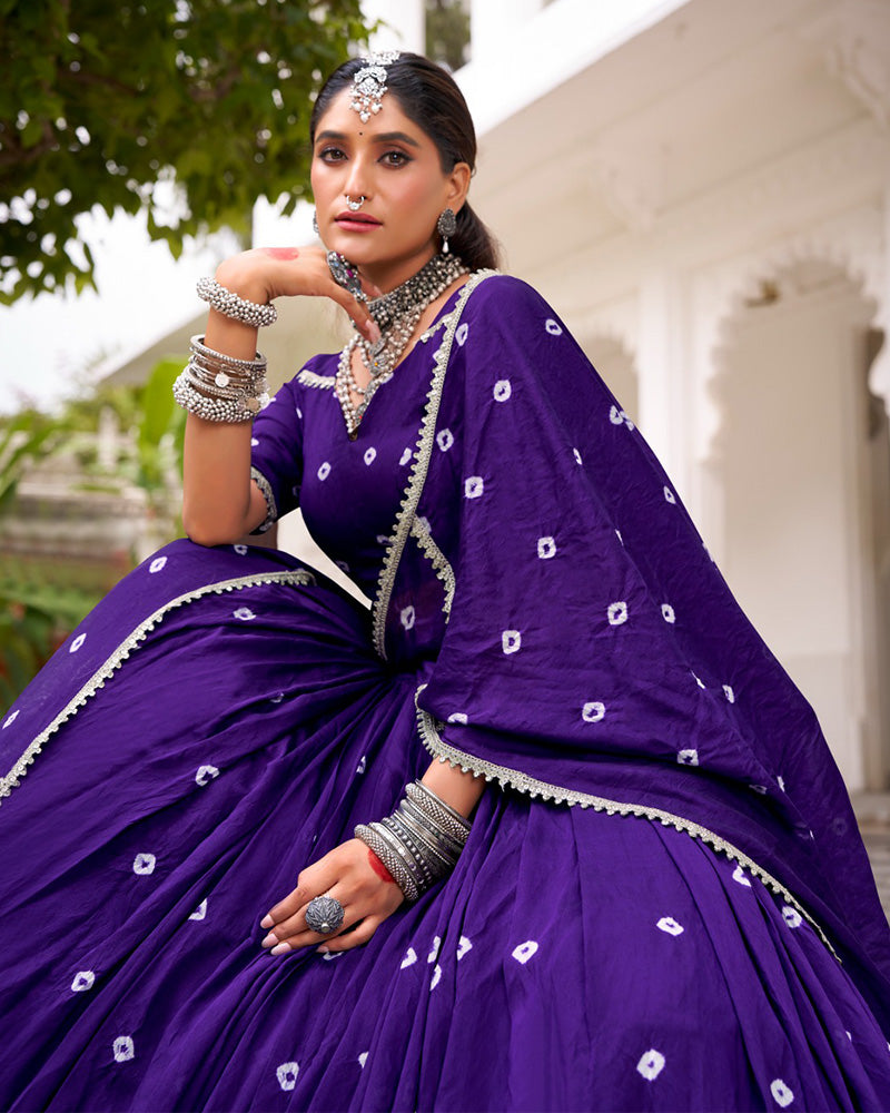 Purple Color Pure Chanderi Bandhej Print Lehenga Choli