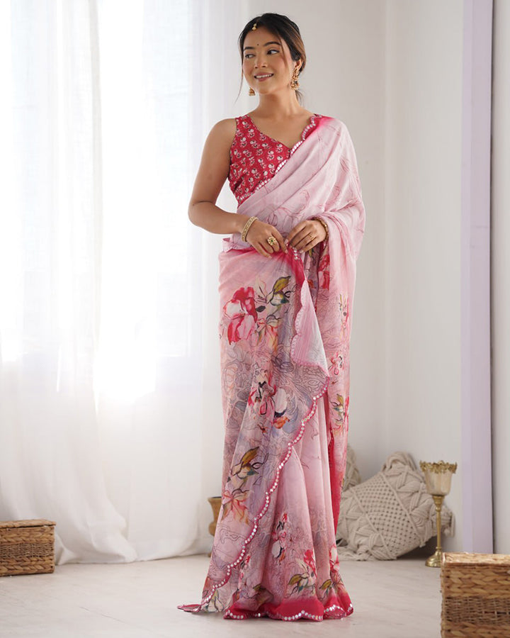 Pink Color Chinnon Silk Printed Saree