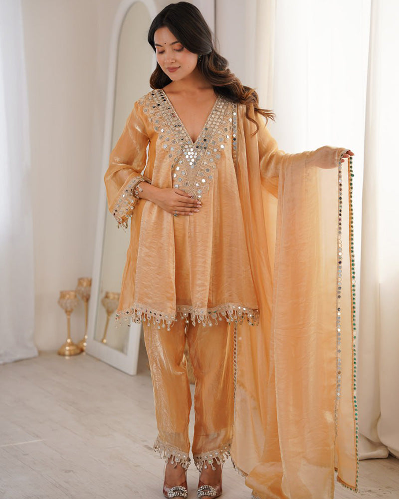 Chikoo Color Fendi Silk Embroidered Plazzo Suit