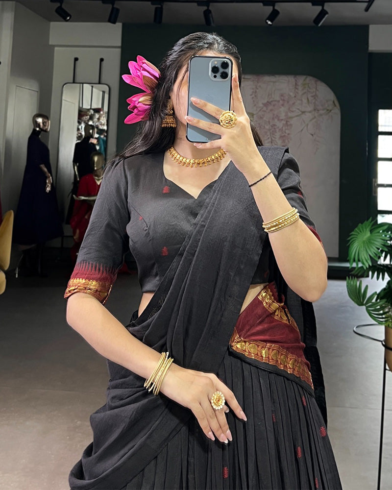 Traditional Black Color Chanderi Half Saree With Zari Detailing