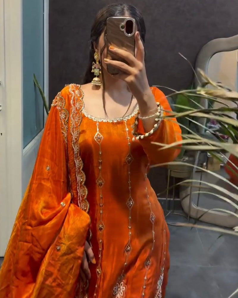 Rust Orange Color Fendi Silk Three Piece Kurti Suit