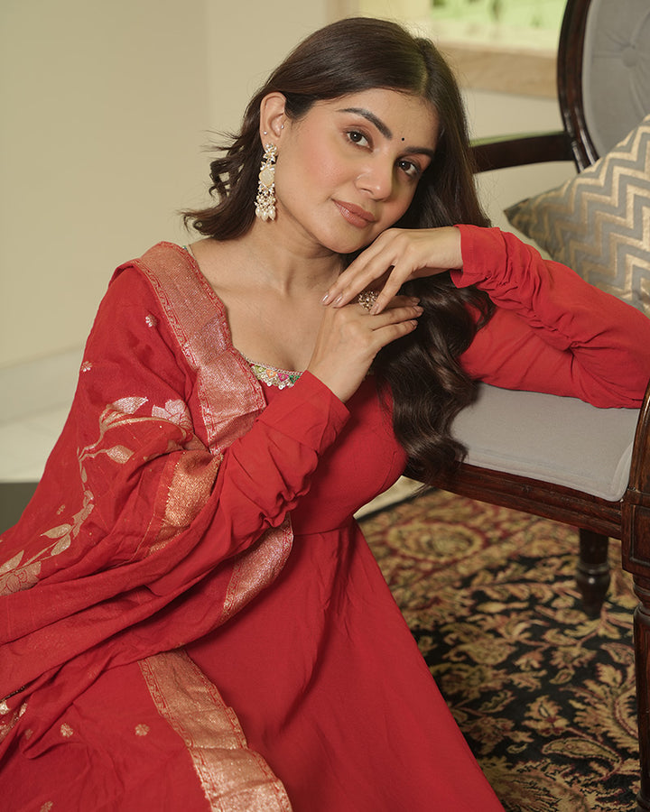 Red Color Georgette Anarkali Suit With Dyable Dupatta