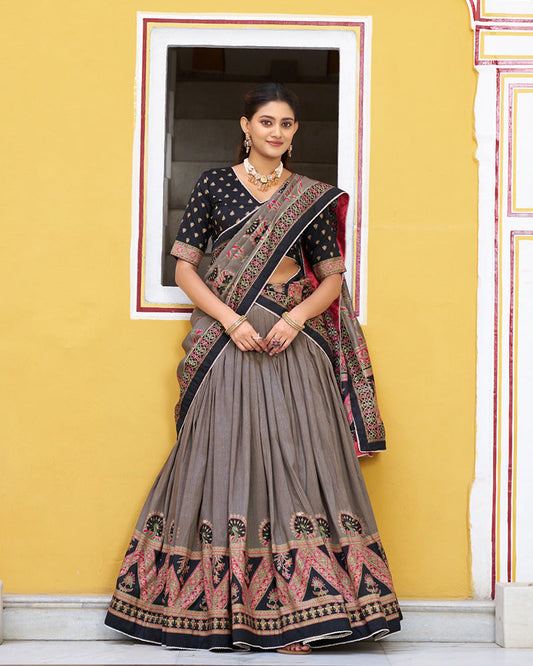 Black Color Tasar Silk Printed Sparkle Lehenga Choli