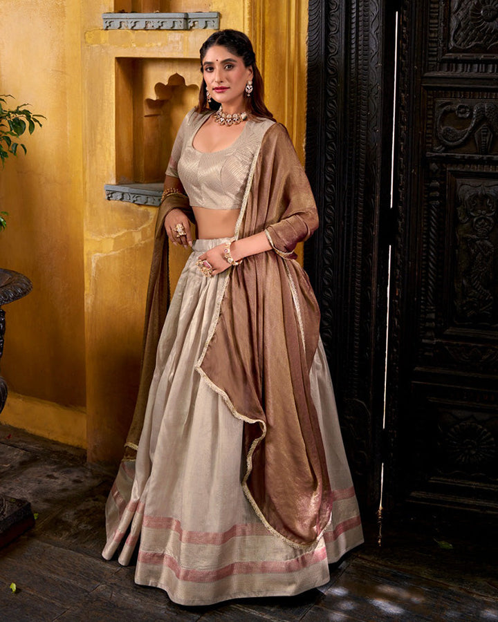 Cream Color Dupion Silk Zari Weaving Half Saree