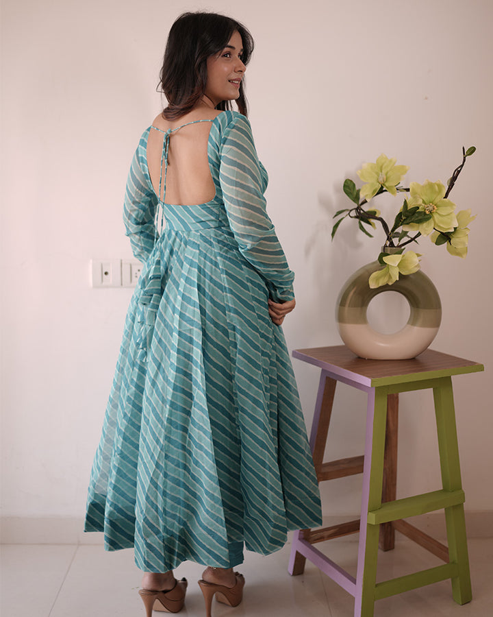 Firozi Color Tabby Organza Three Piece Anarkali Suit