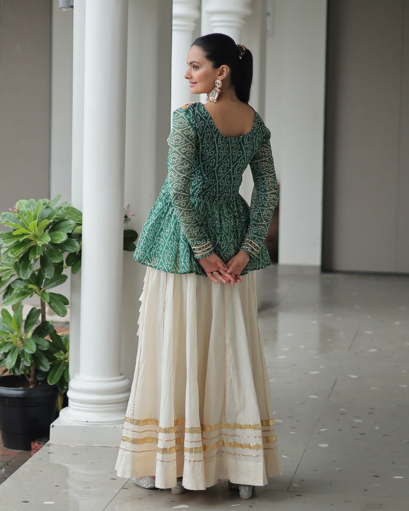 Peplum Style Green Bandhej Choli With Cotton Lehenga