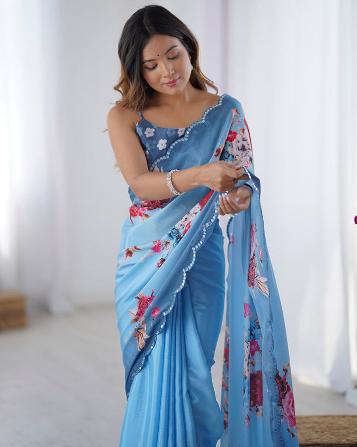 Sky Blue Color Chinnon Silk Digital Printed Saree