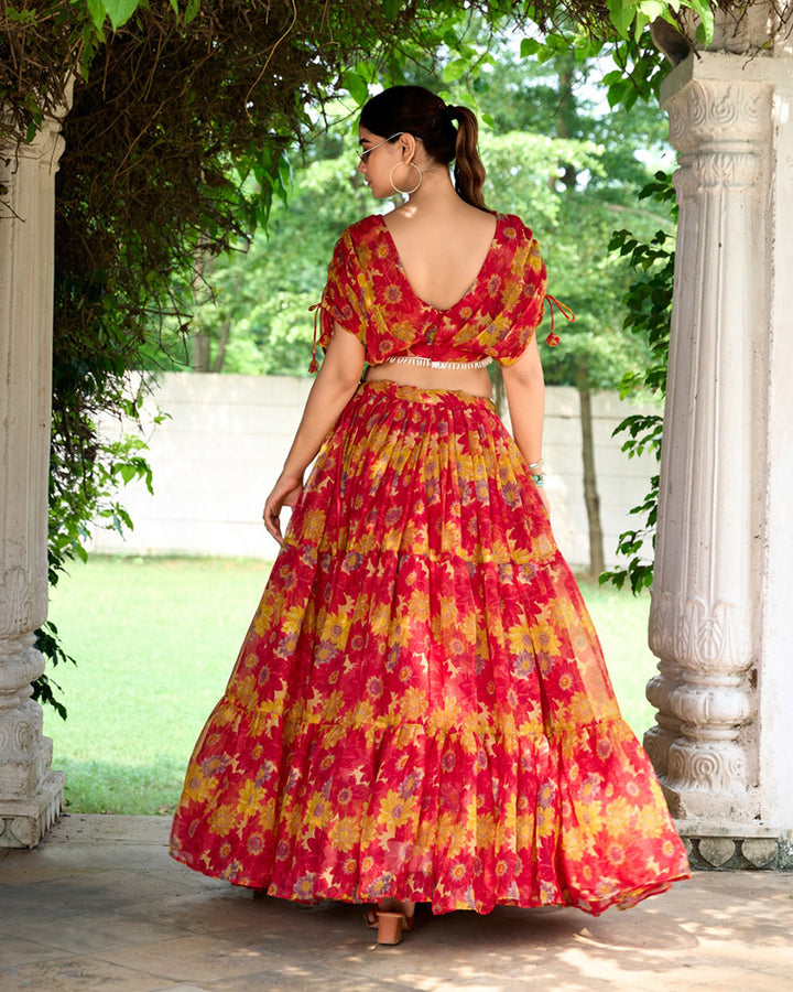 Red Color Chiffon Floral Printed Lehenga Choli