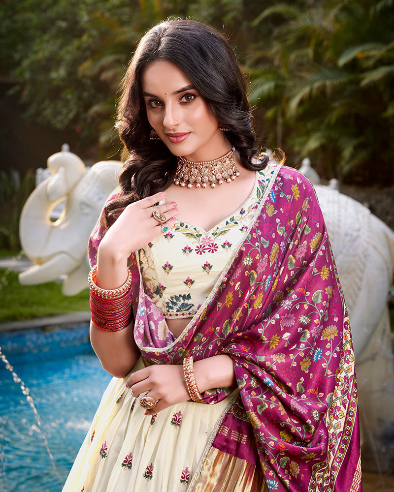 Flower Design Off-White Color Khadi Cotton Embroidered Lehenga Choli