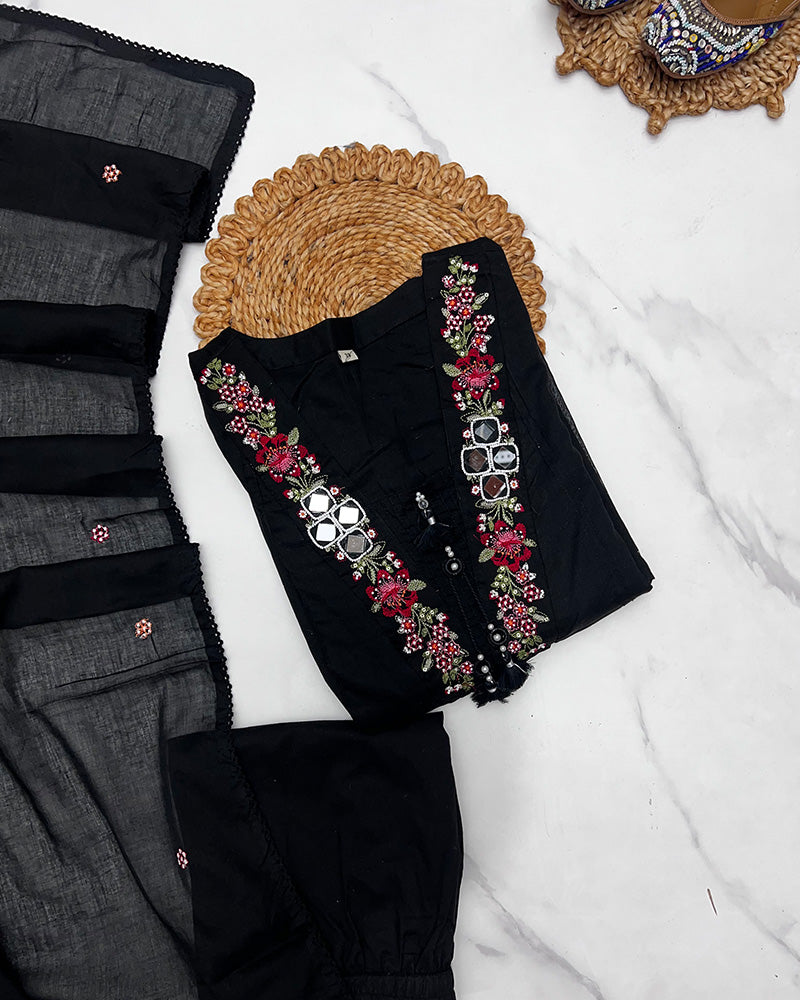 Black Color Mal Cotton Three Piece Kurti Suit