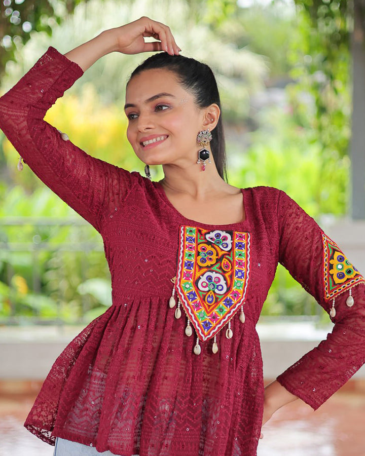 Maroon Color Georgette Lucknowi Work Navratri Kediya