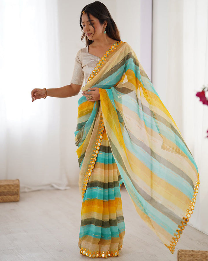 Yellow Color Smooth Marble Chiffon Printed Saree