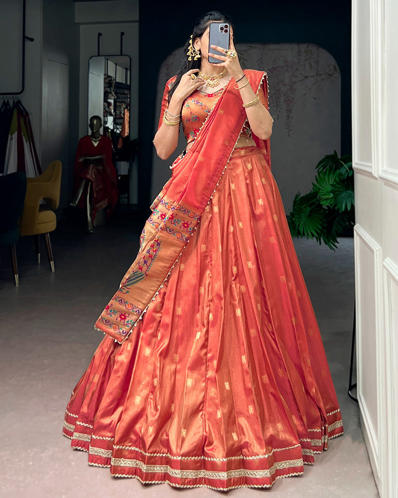 Coral Red Color Shimmer Silk Lehenga Choli