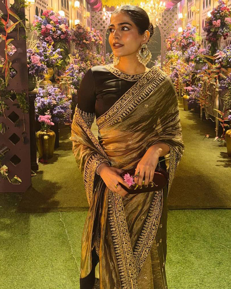 Grey Color Soft Twil Net Embroidered Saree