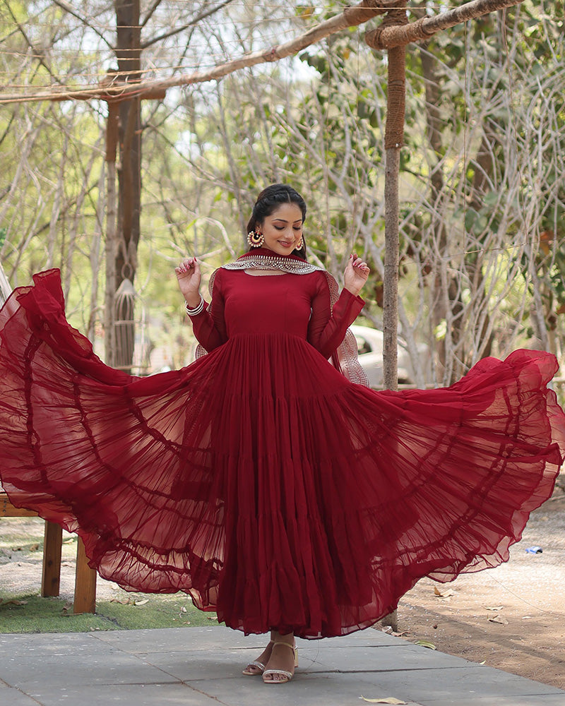 Maroon Color Designer Embroidered Gown With Dupatta