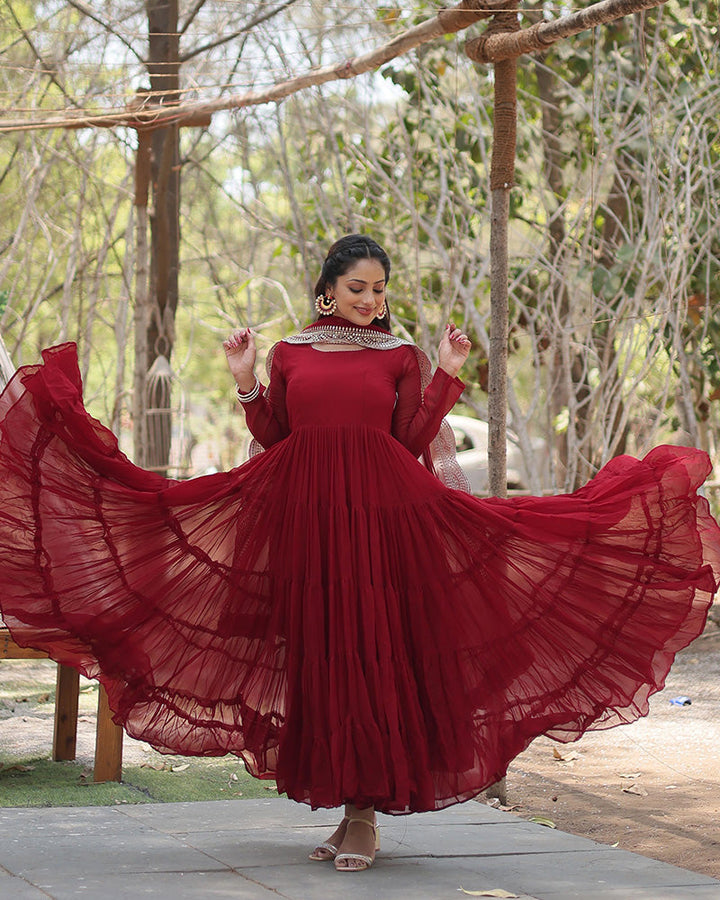 Maroon Color Designer Embroidered Gown With Dupatta
