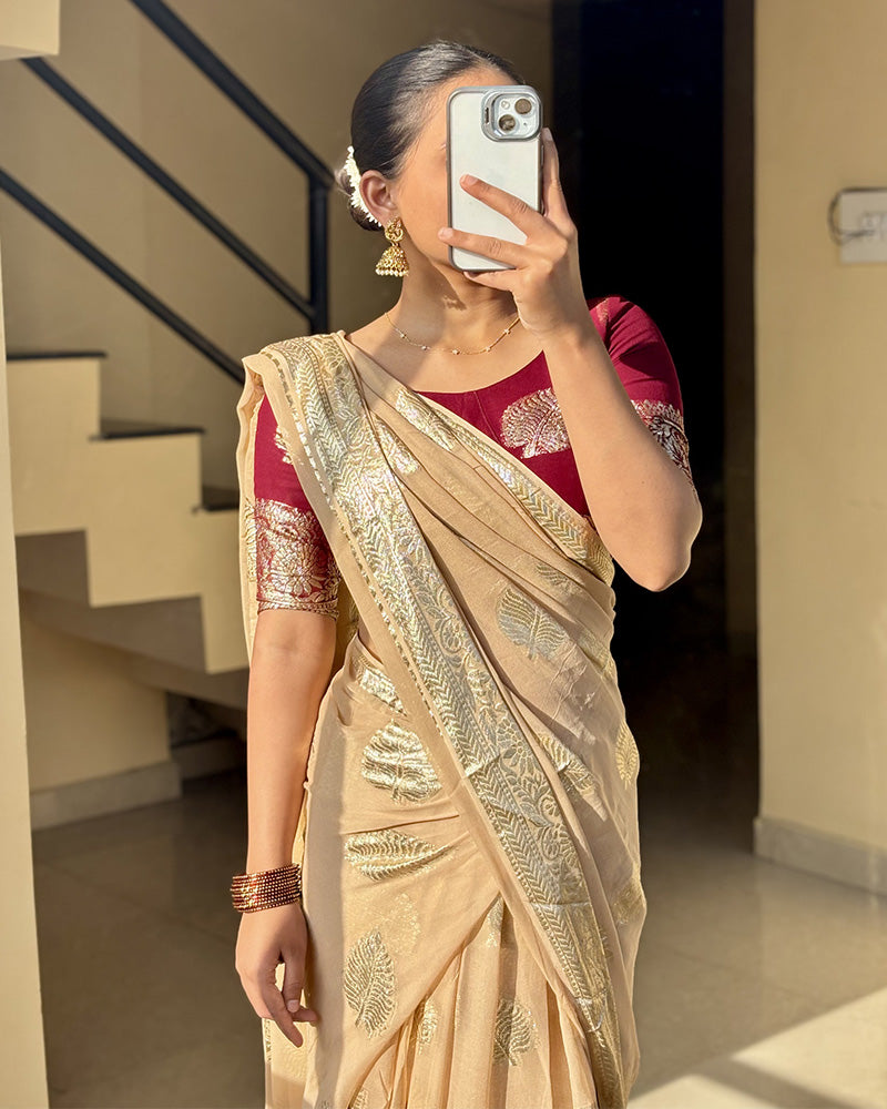 Cream Color Pure Viscose Georgette Saree