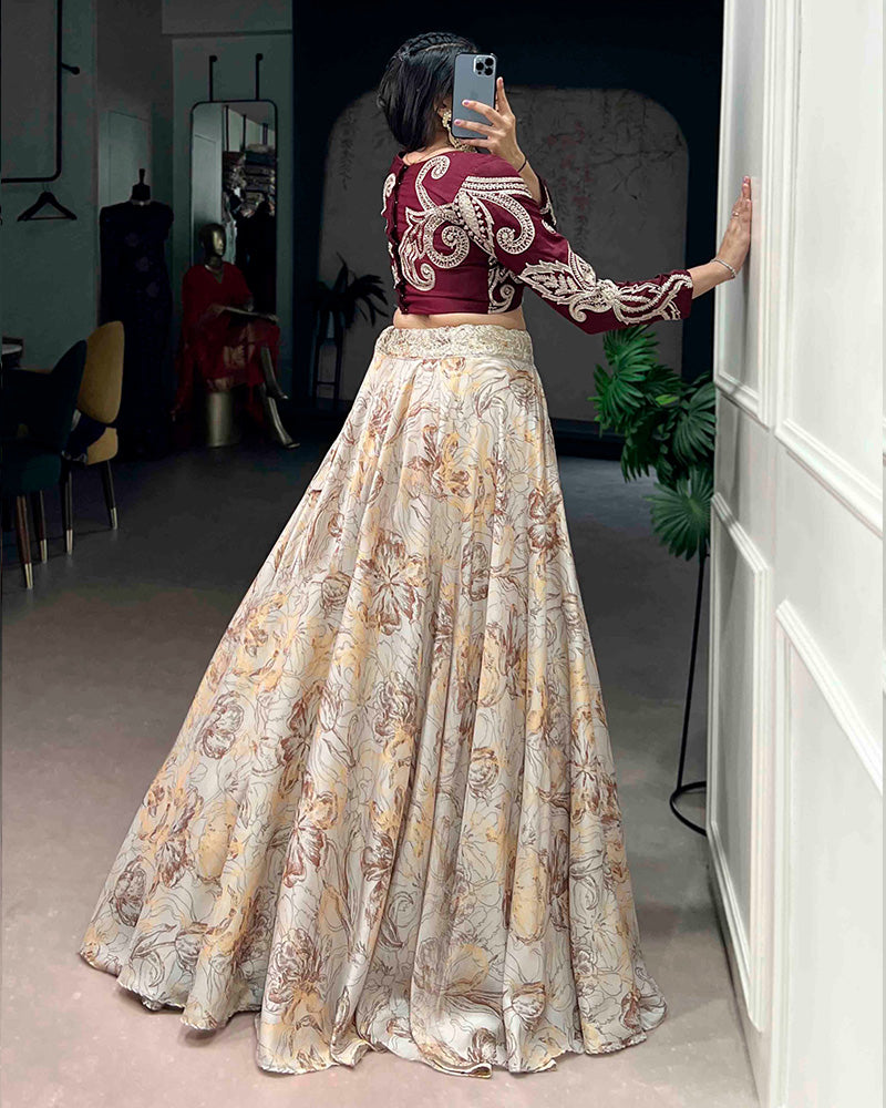 Cream Color Tasar Silk Printed Embroidered Lehenga Choli