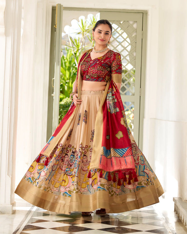 Cream Color Dola Silk Designer Kalamkari Print Half Saree