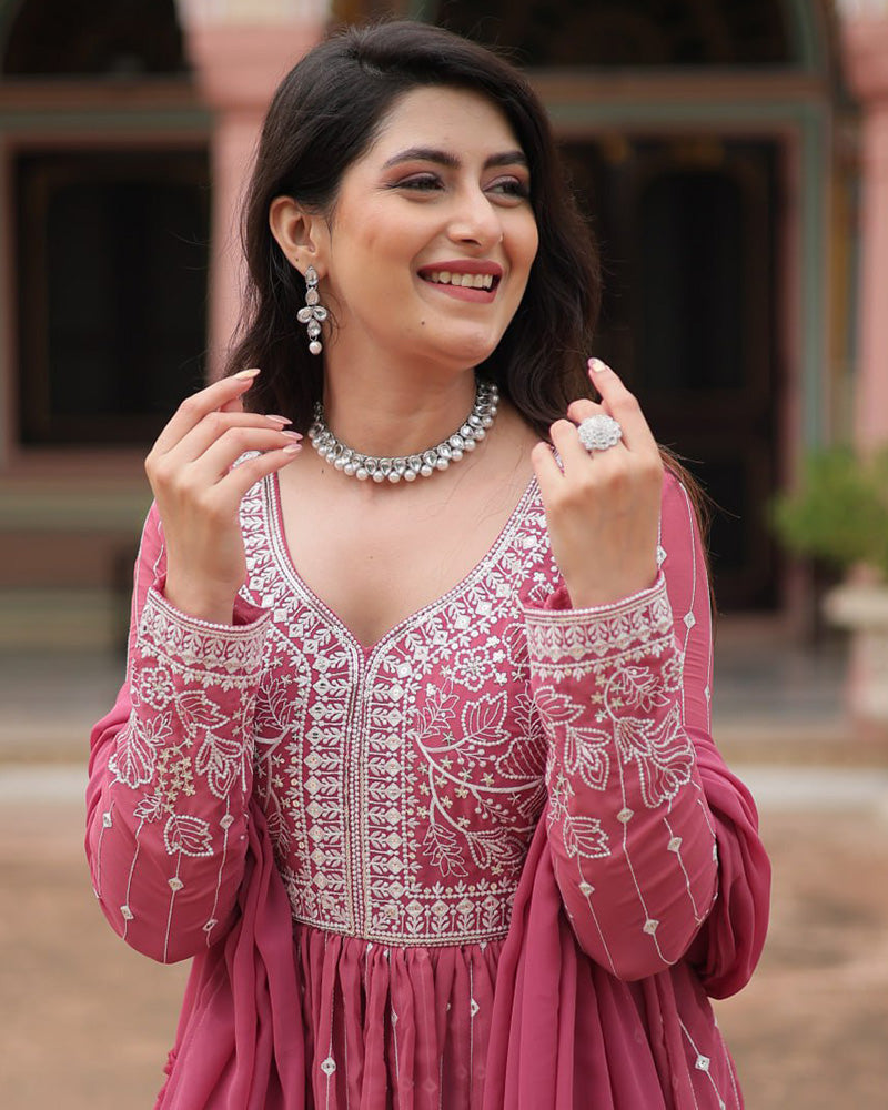 Dusty Mauve Color faux Georgette Embroidered Sharara Suit