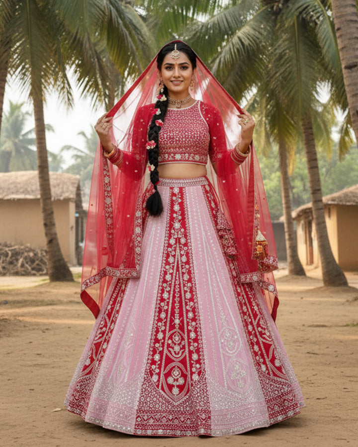 Wedding Wear Baby Pink And Red Color Georgette Lehenga Choli