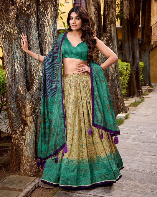 Firozi Color Vichitra Silk Printed Lehenga Choli