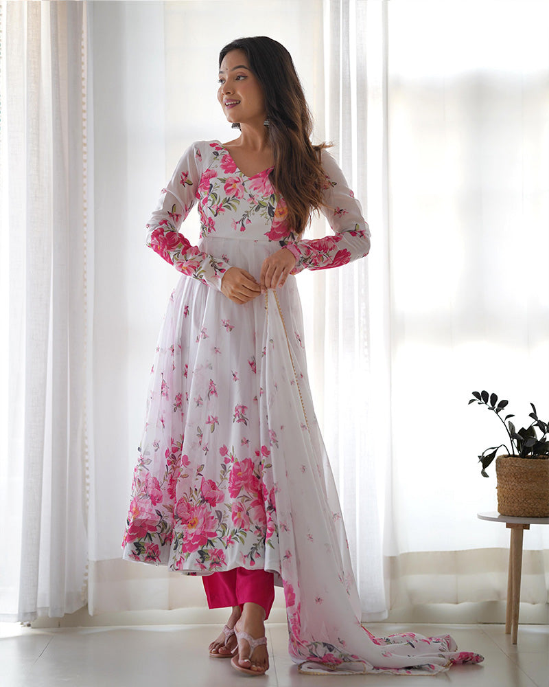 White Color Organza Silk Three Piece Anarkali Suit