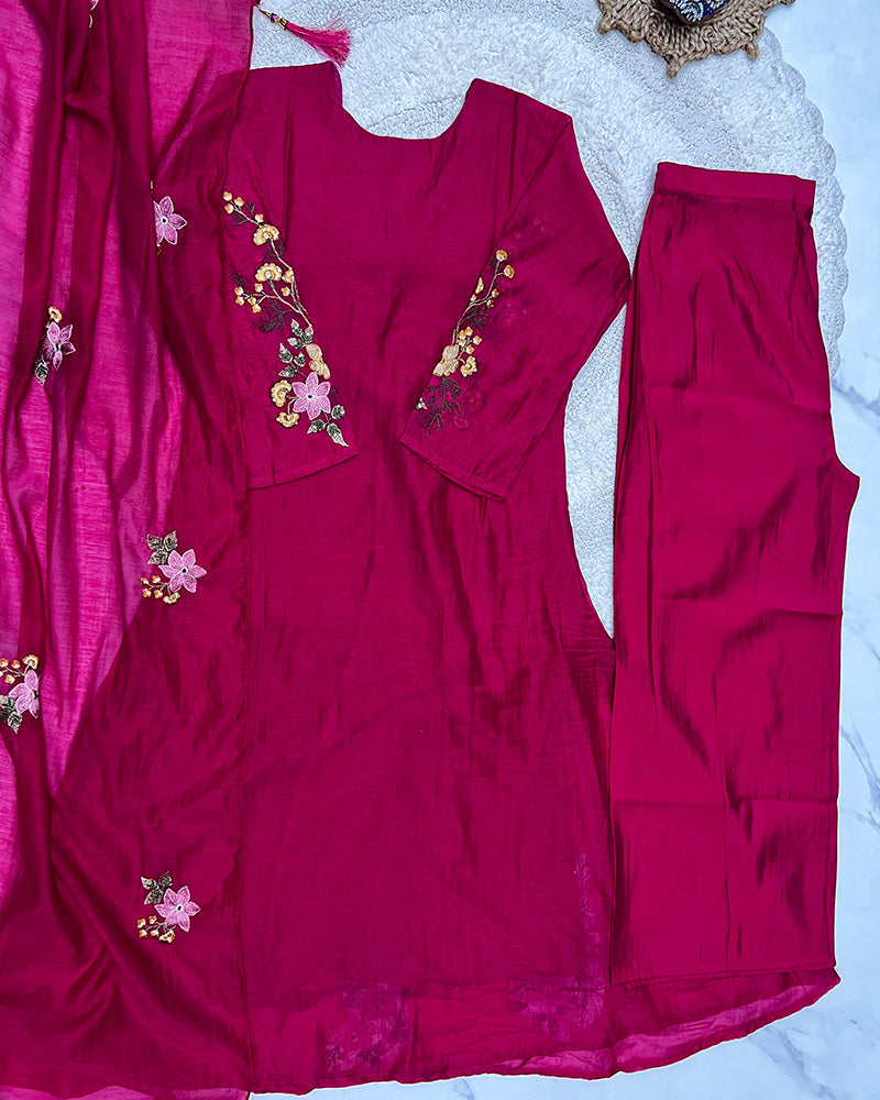 Rani Pink Color Roman Chanderi Silk Embroidered Plazzo Suit