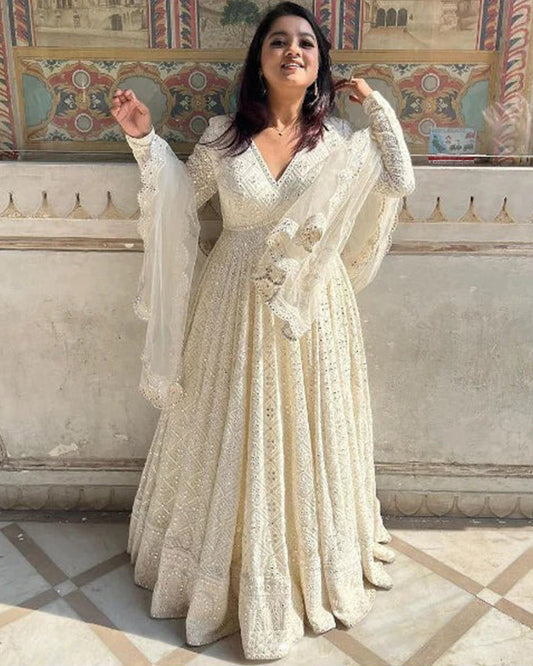 White Color Pure Georgette Embroidered Gown