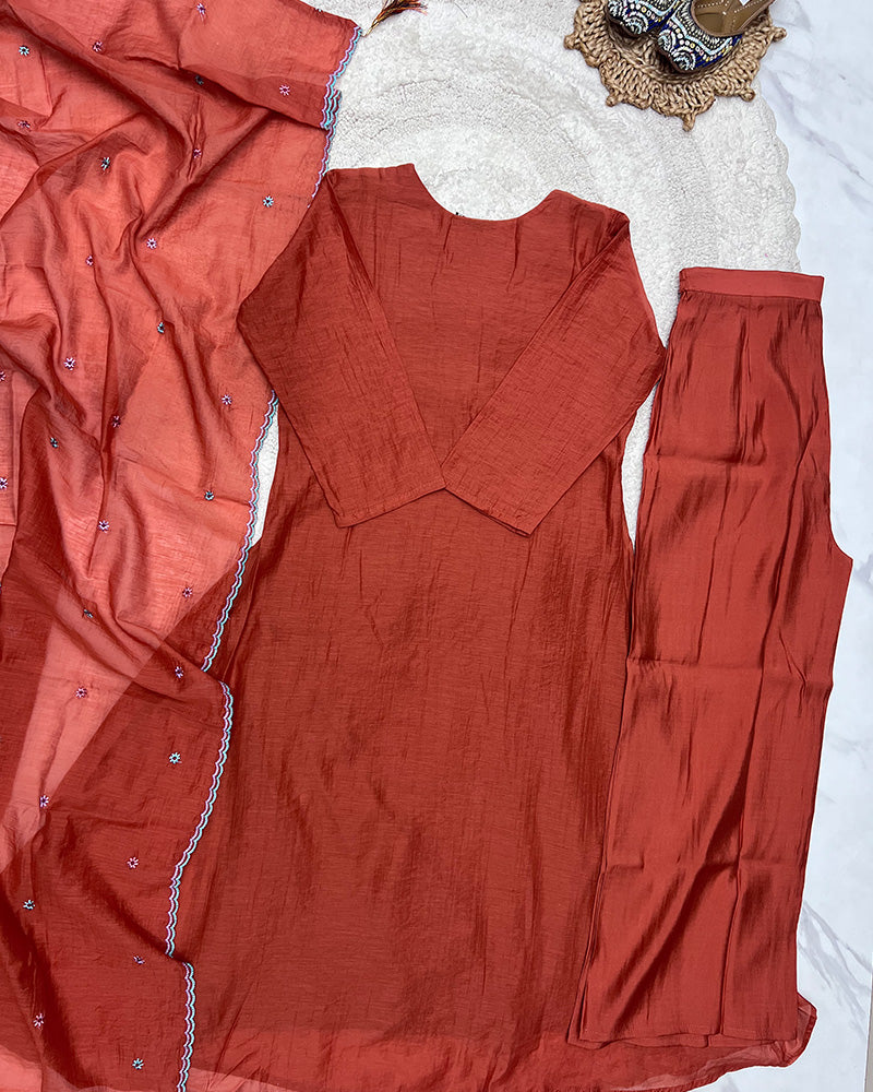 Rust Orange Color Mal Cotton Three Piece Kurti Suit