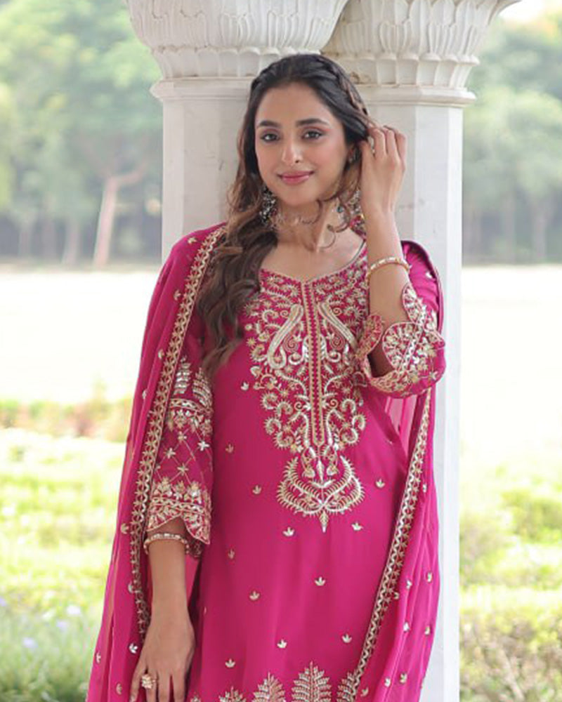 Rani Pink Color Georgette Embroidered Three Piece Kurti Suit