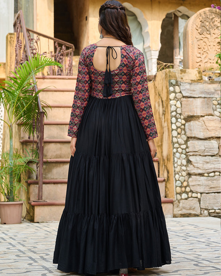 Full Flair Black Rayon Gown With Multicolor Embroidery