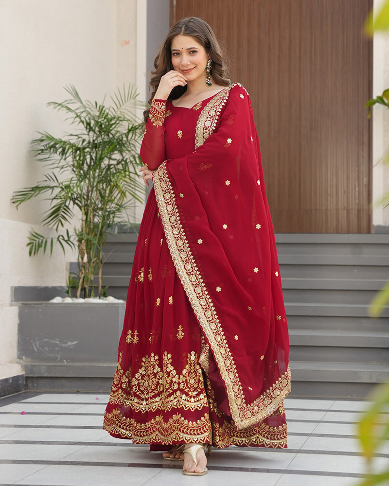 Maroon Color Designer Blooming Embroidered Gown