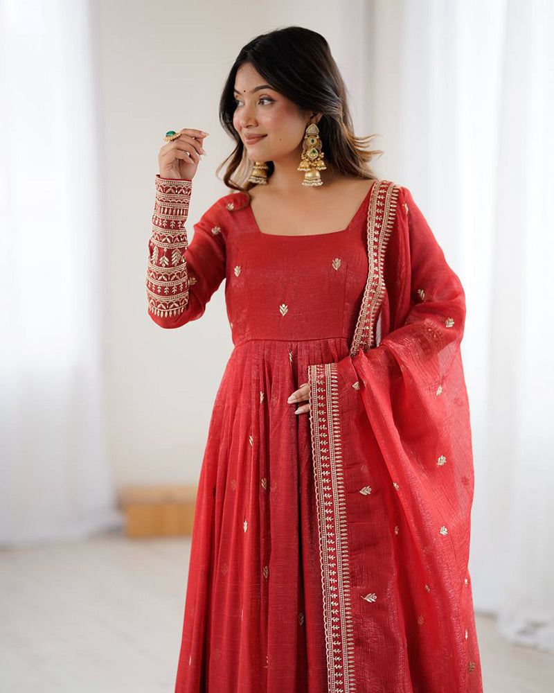 Rust Color Crunchy Silk Embroidered Gown