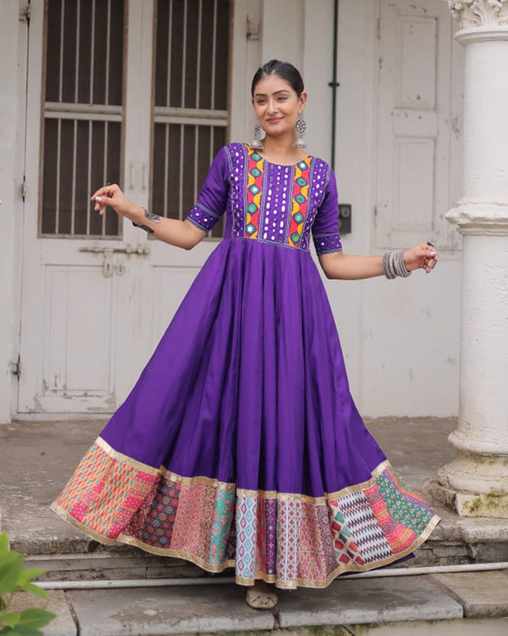 Vibrant Purple Color Ethnic Gamthi Work Navratri Gown