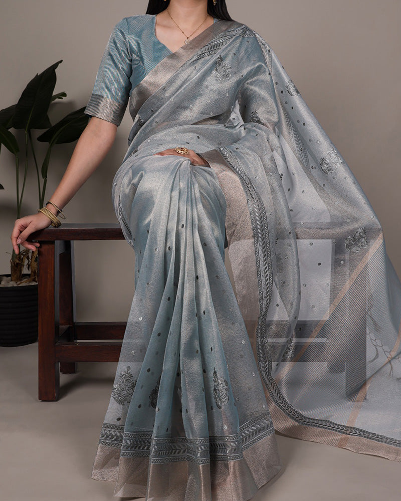 Sky Blue Color Poly Shimmer Embroidered Saree